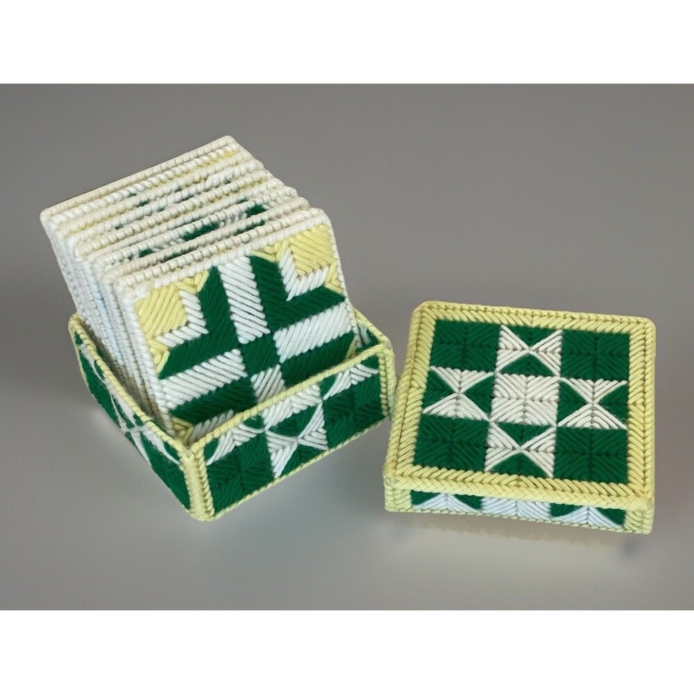 VTG Handmade Plastic Canvas Quilt Block Coaster Set 10 Pcs & Matching Box